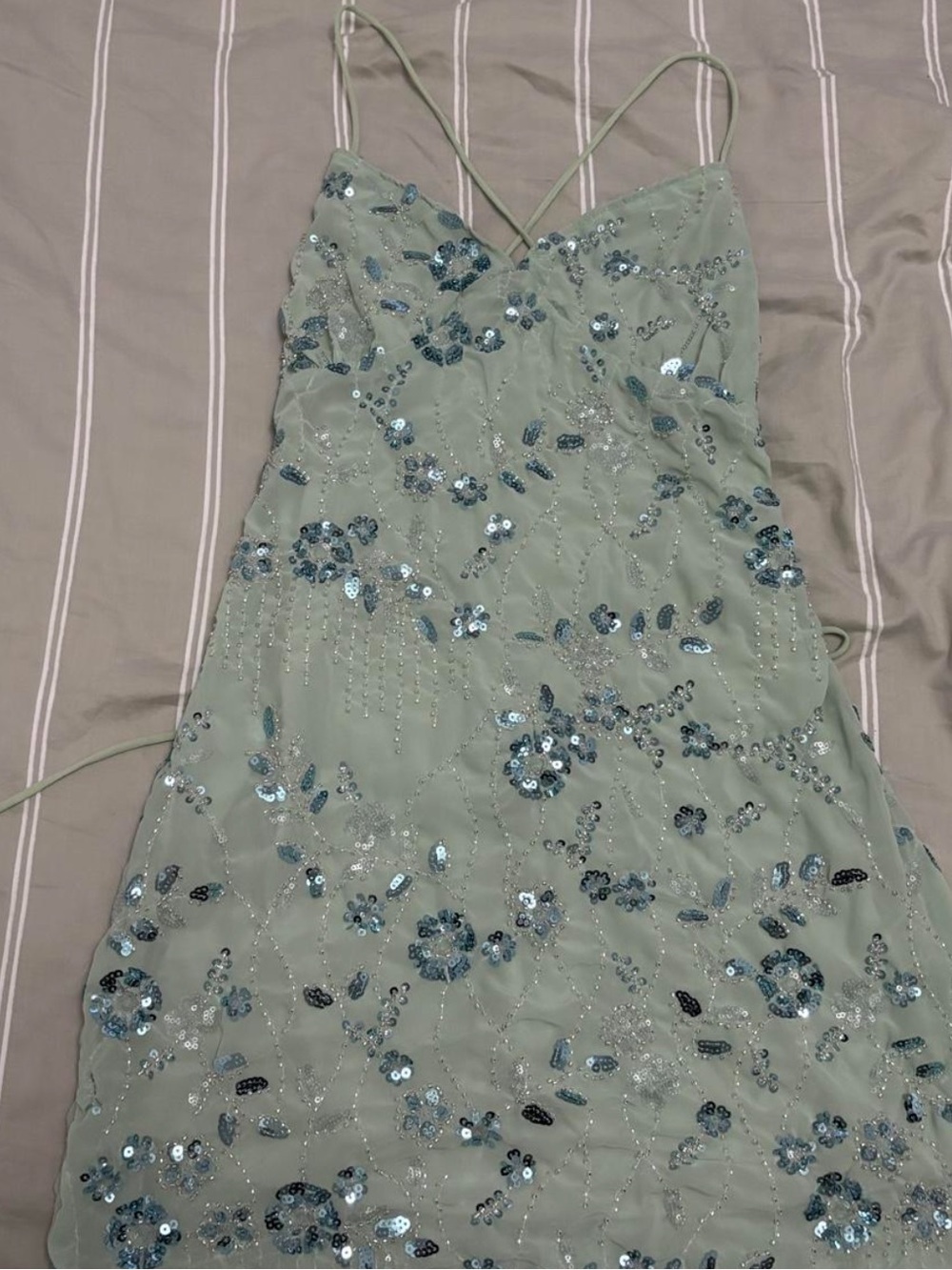 Twik Par Simons Sequin Floral Mini Dress Strappy Sage Green